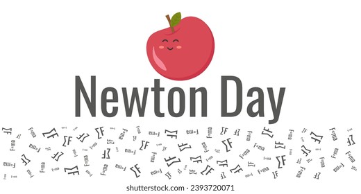 Felices fiestas de Newton con manzana. Cuta manzana de caricatura. Formulas arregladas al azar. Graciosa ilustración vectorial.