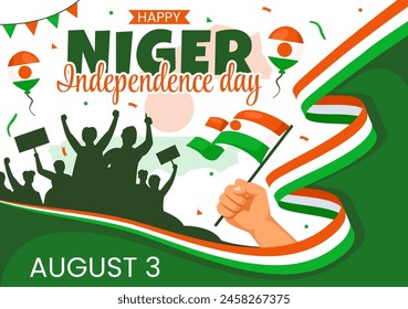 Feliz Día de la Independencia de Níger Ilustración vectorial el 3 de agosto con banderas ondeando y Festiva público de Country en diseño plano de fondo de dibujos animados
