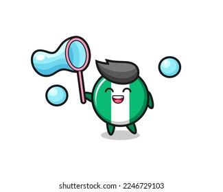 happy nigeria flag badge cartoon playing soap bubble , cute style design for t shirt, sticker, logo element