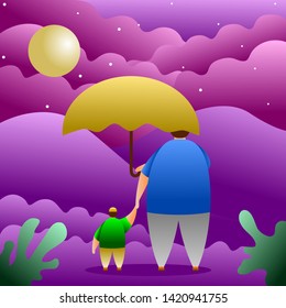 Happy night with child and father illustration