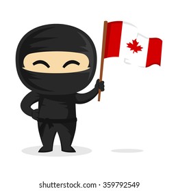 Happy Ninja Holding The Flag Of Canada Vector Illustration