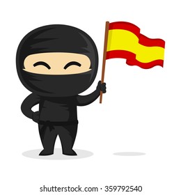 Happy Ninja Holding The Flag Of Spain Vector Illustration