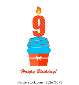 Happy Ninth Birthday Anniversary card with cupcake and candle in flat design style, vector illustration  