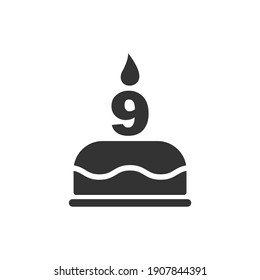 Happy ninth birthday icon. Cake with a candle in the form of the number 9. Vector symbol EPS 10