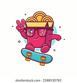 happy noodle box food character mascot playing skateboard isolated cartoon