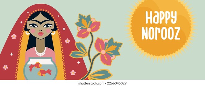 "Happy Norooz" Persian New Year Holiday Banner. Greeting Card with folk asian motives