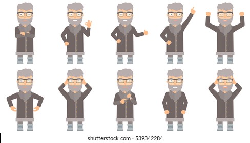 Happy north man giving thumb up. Smiling bearded north man with thumb up. Cheerful north man in sheepskin coat showing thumb up. Set of vector flat design illustrations isolated on white background.