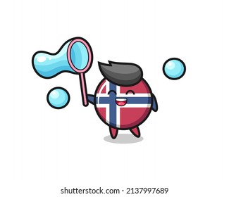 happy norway flag badge cartoon playing soap bubble , cute style design for t shirt, sticker, logo element
