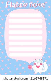 Happy note or to do list for kids with hand drawn cartoon white cat with a cup in its paws. Template for kids planners, checklists and notes
