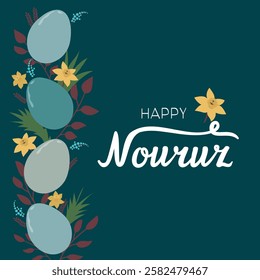 Happy Nouruz vector card. Novruz Bayram with painted eggs. 