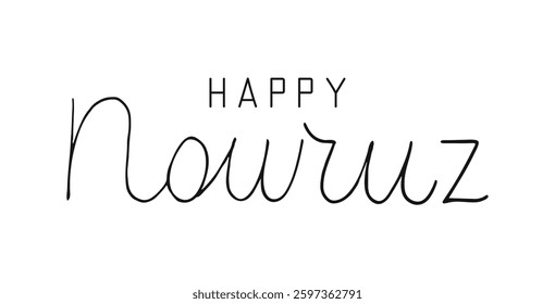 Happy Nowruz black minimalist lettering. Handwritten words isolated on white background for poster greeting card. Hand drawn line typography.