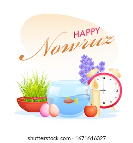 Happy Nowruz Celebration Poster Design with Goldfish Bowl, Alarm Clock, Semeni (Grass), Apple, Eggs, Illuminated Candle and Hyacinth on White Background.