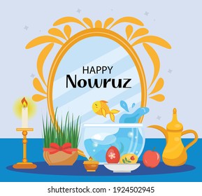 Happy Nowruz Day Greeting Card, Template For Your Design. New Year In Iran. Vector Illustration, Clip Art.