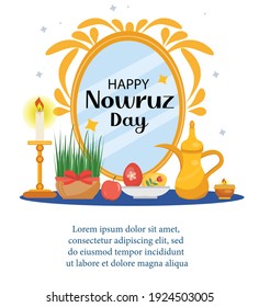 Happy Nowruz day greeting card, template for your design. New Year in Iran. Vector illustration, clip art.