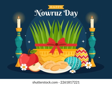 Happy Nowruz Day or Iranian New Year Illustration with Grass Semeni and Fish for Web Banner or Landing Page in Flat Cartoon Hand Drawn Templates