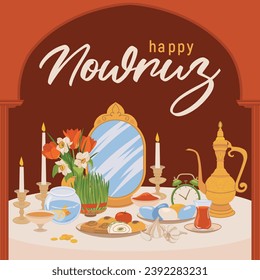 Happy Nowruz Day or Iranian New Year. Illustration with attributes of a religious holiday, fish, sweets, grass, vinegar, watchmaker, mirror, clock, chvecha. Flat style, vector.