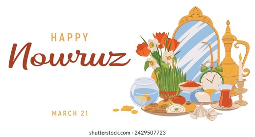 Feliz Día de Nowruz o Año Nuevo iraní. Ilustración con atributos de una fiesta religiosa, pescado, dulces, hierba, vinagre, relojero, espejo, reloj, chvecha. Estilo plano, vector.