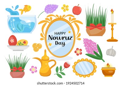 Happy Nowruz Day Objects Set. Collection Of Design Elements With Potted Grass, Hyacinth Flowers, Aquarium With Goldfish, Mirror. New Year In Iran. Vector Illustration, Clip Art