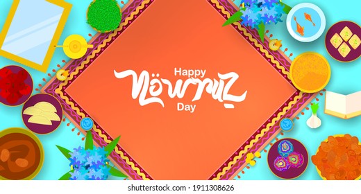 Happy nowruz day with persian carpet in paper art style. Translation: Happy Persian New Year (Nowruz)