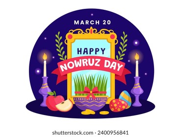 Happy Nowruz Day Vector Illustration. Translation: Persian New Year, on 20 March with Glass, Fish, Ornaments Eggs and Grass Semeni in Flat Background