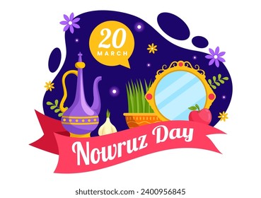 Happy Nowruz Day Vector Illustration. Translation: Persian New Year, on 20 March with Glass, Fish, Ornaments Eggs and Grass Semeni in Flat Background