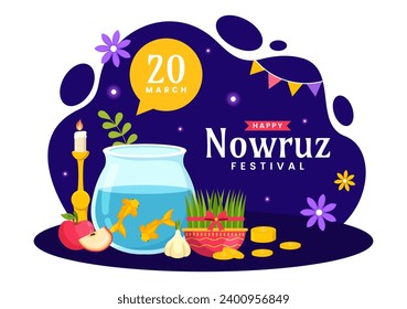 Happy Nowruz Day Vector Illustration. Translation: Persian New Year, on 20 March with Glass, Fish, Ornaments Eggs and Grass Semeni in Flat Background