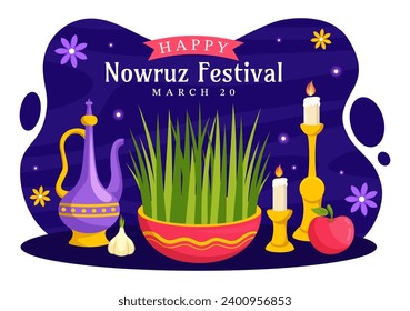 Happy Nowruz Day Vector Illustration. Translation: Persian New Year, on 20 March with Glass, Fish, Ornaments Eggs and Grass Semeni in Flat Background