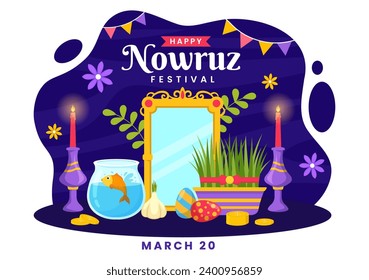 Happy Nowruz Day Vector Illustration. Translation: Persian New Year, on 20 March with Glass, Fish, Ornaments Eggs and Grass Semeni in Flat Background