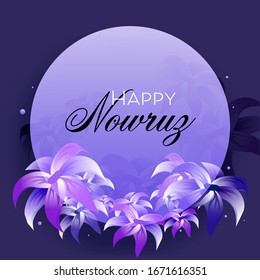 Happy Nowruz Font with Glossy Hyacinth Flowers Decorated on Purple Background.