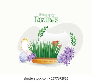 Happy Nowruz with Goldfishi Bowl, Grass, Apple, Painted Eggs