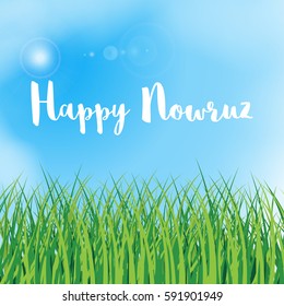 Happy Nowruz greeting card. Iranian, Persian New Year. March equinox. Green grass field, lawn, meadow, landscape. Herbal texture. Blue sky with clouds. Vector illustration. Spring and vacation theme