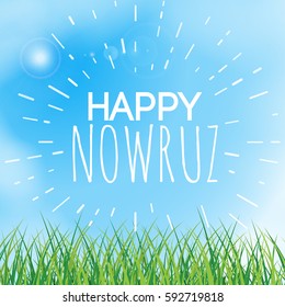 Happy Nowruz greeting card. Iranian, Persian New Year. March equinox. Green grass field, lawn, meadow, landscape. Herbal texture. Blue sky with clouds. Vector illustration. Spring and vacation theme