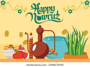 Happy Nowruz Illustration | Colorful Haft-Seen Table with Sabzeh, Goldfish, Apples, Candles Persian Calligraphy | Festive Persian New Year Design for Cards, Posters, and Digital Art