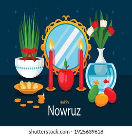Happy Nowruz, mirrors, candlesticks, colored eggs, coins, pistachios, flowers and fish