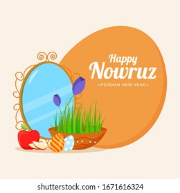 Happy Nowruz, Persian New Year Poster Design with Semeni (Grass) Bowl, Eggs, Apple, Flowers and Oval Mirror on Brown and White Background.