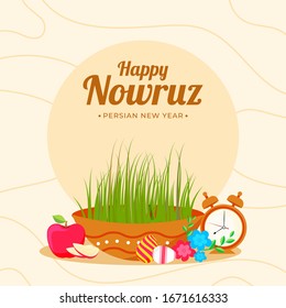 Happy Nowruz, Persian New Year Celebration Poster Design with Semeni (Grass) Bowl, Eggs, Apple, Flowers and Alarm Clock on Abstract Background.