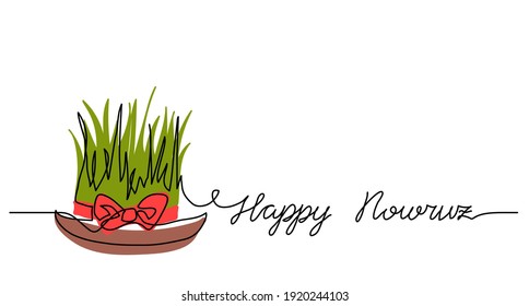 Happy Nowruz simple background, poster, banner with green wheat grass and red ribbon. One continuous line drawing, single lineart. Persian New Year greating, lettering Happy Nowruz.