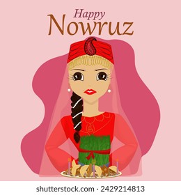 Happy Nowruz. Turk, Iranian spring hoiday greeting card. Novruz bayram postcard. Azerbayjani girl holding spring green wheat grass with pahlava and nuts.