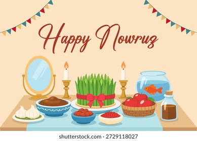 Frohes Nowruz, Vektorgrafik. Geeignet für Grußkarten, Poster, Banner und persische Neujahrsfeier.