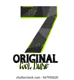 Happy number 7. University style t shirt design for boys, girls, fashion textile. Original cool dude text. Poster with shape, grunge elements in grey and neon green colors