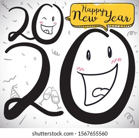 Happy numbers in a New Year party celebrating the upcoming year 2020 with party hats, stars wine glasses, streamers and greeting in speech bubble.