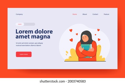 Happy nun hugging Bible. Flat vector illustration. Woman with head covered in scarf being in good mood and holding book tight. Faith, religion, Bible, love, harmony, reading concept for banner design