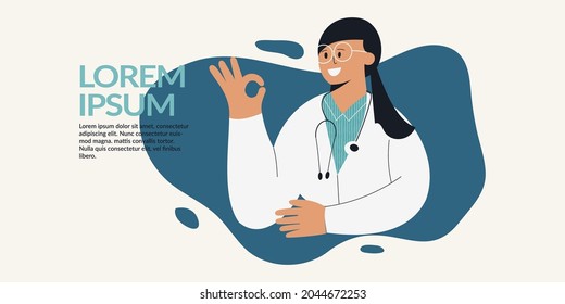 Happy nurse or doctor with stethoscope show ok sign - web banner template design. International nurse day. Woman in uniform. Medical female character. Medicine and healthcare vector illustration