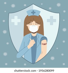 Happy nurse in medical face mask raising thumbs up and shows bandage after injection of the flu vaccine. Coronavirus vaccination vector flat illustration.