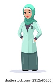Happy nurse muslim woman dressed in nursing gown standing isolate on white background.