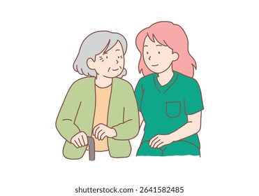 Happy nurse in uniform assist elderly grandmother with walking stick. Smiling female caregiver help old woman. Hand drawn style vector design illustrations.