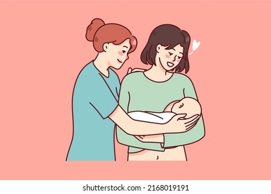 Happy nurse and young mother holding newborn baby on hands. Smiling mom meeting child infant have comfort from doctor. Motherhood concept. Flat vector illustration. 