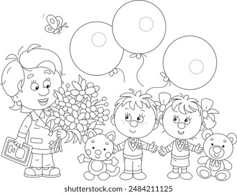 Happy nursery teacher with beautiful flowers and little boy and girl with funny toys and holiday balloons at a party in kindergarten, black and white vector cartoon illustration for a coloring book