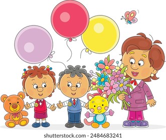 Happy nursery teacher with beautiful flowers and little boy and girl with funny toys and color balloons at a party in kindergarten, vector cartoon illustration on a white background