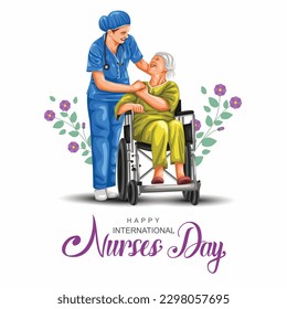 Happy nurses day greeting  nurse and old woman care  old grand mother sitting wheel chair  abstract vector illustration design	